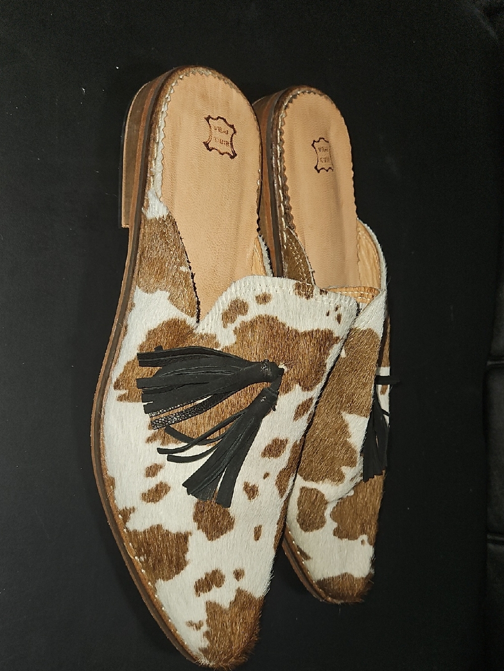 Cowhide Tassel Backless Mules - Brown & White Size 9 - Picture 2 of 12